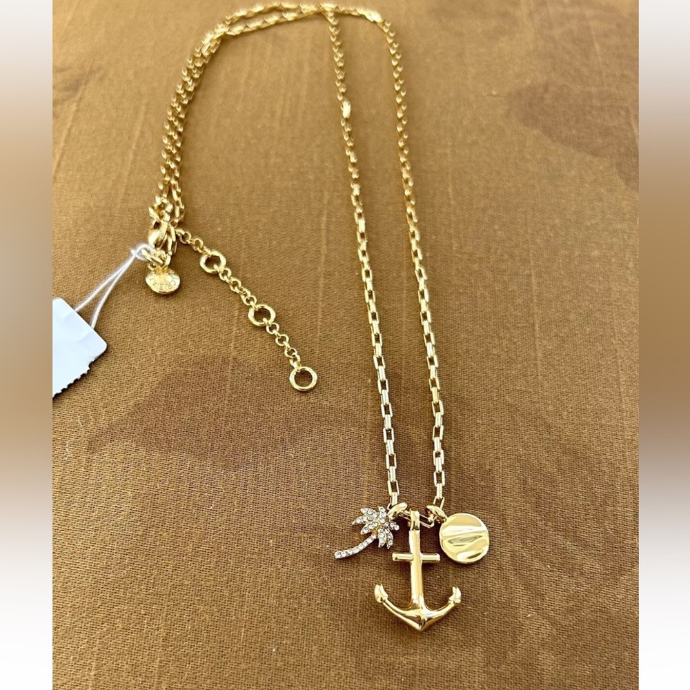 J. Crew Smooth Sailing Anchor Palm Tree Gold Toned Charm Necklace NWT